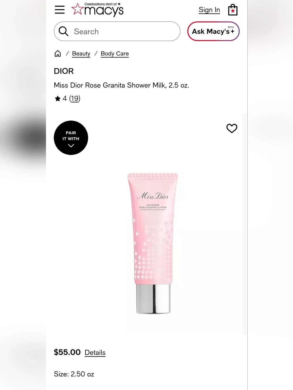 DIOR Miss Dior Rose Granita Shower Milk, 2.5 oz. New Sealed